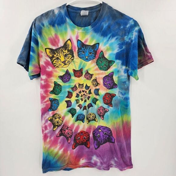 Tie dye cat tshirt hippie small fruit of the loom heavy trippy tee - Picture 1 of 3
